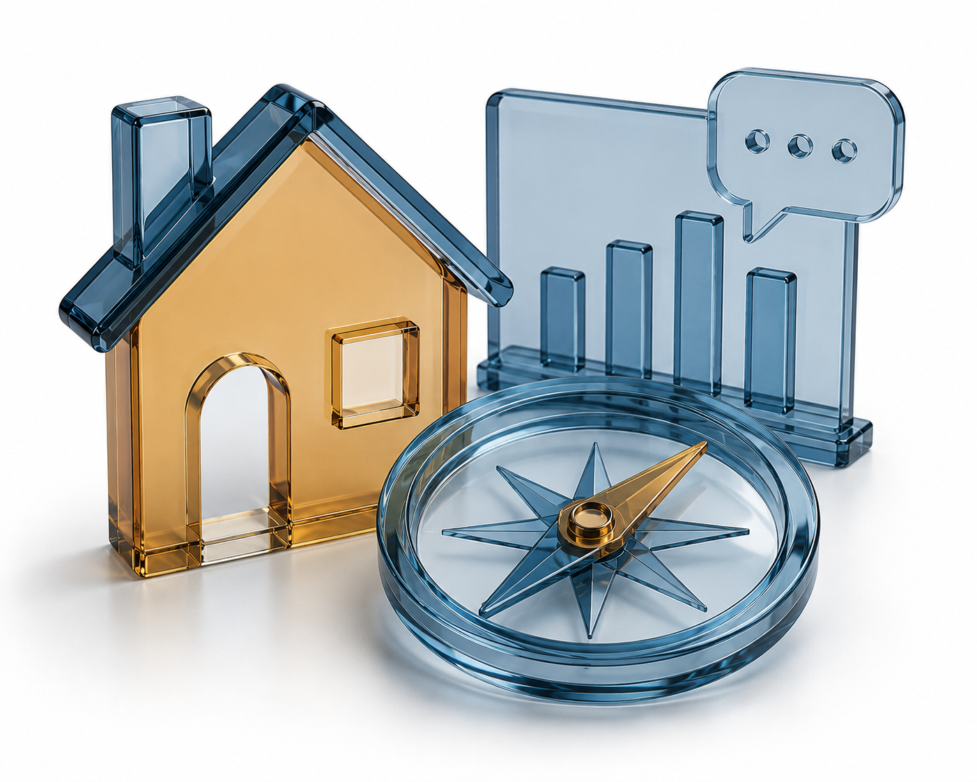 Glas-Icon mit Haus, Kompass und aufsteigendem Diagramm als Symbol für Orientierung und Marktentwicklung auf dem Immobilienmarkt.