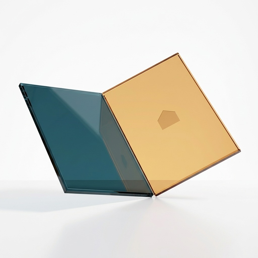 Aufgeklappte Exposé-Mappe aus Glas mit Haus-Symbol